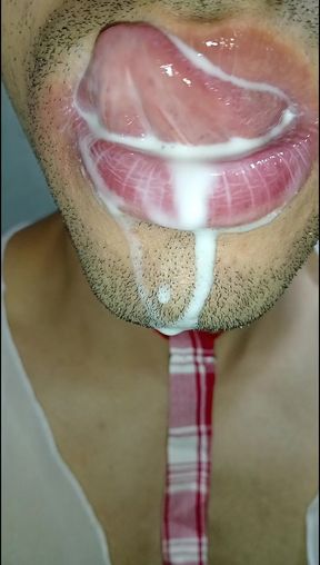 Cum in my mouth, play with your cum, and swallow it, close-up, naughty gay, tongue, sloopy