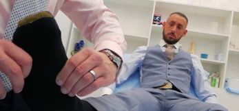 Hunk in suit gives rod massage before vivacious