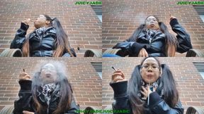 Asian Goddess smoking outdoors in Leather jacket 99 Non Nude ****mp4****
