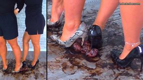 Goddess Amber & Miss Lucy - Busting Your Face & Balls Until You Cum Under Our Muddy Stilettos - 205 Split Cam