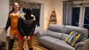 Jacket Lovers' Kinky Playtime: Curvy Domme in Leather vs Silk Sub in Northface Puffer - Handcuffs, Chains, Hood & Ring Gag Fun