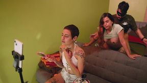 my best friend s stepbro is so handsome that i fuck her while she was in a live