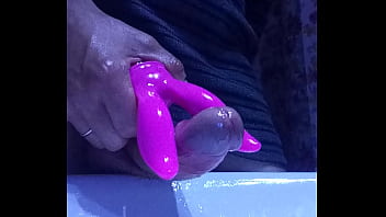 Slow jerk with my wife'_s vibrator lots of cum in glass tight balls finger in asshole