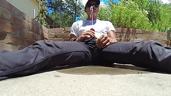 Outdoor wet pants, golden shower, and massive cumshot