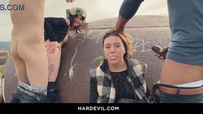 Blonde and brunette babes deepthroat big cock outdoors