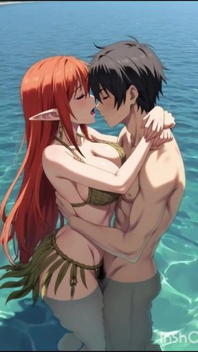 Redhead anime hentai girl fucks in the water   Clip 1