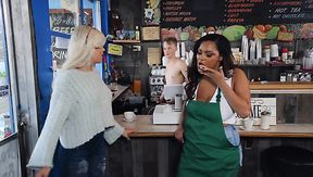 Ebony promised a young guy free coffee if he fucks her pussy good and treats her with his semen