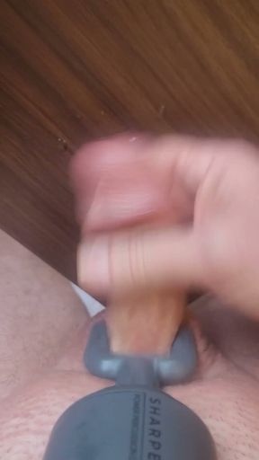 Shaved exhibitionist masturbator massaging cock with vibrator   Clip 1