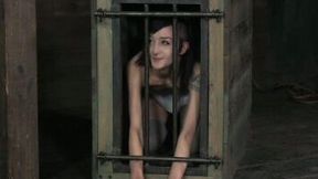 Chick in cage watches how master spanks other slave