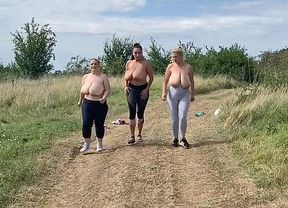 Helen Erin and Mia topless busty jogging