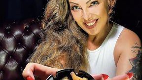 Latina MILF in a denim mini skirt and her powerful smoke - Newport Menthol