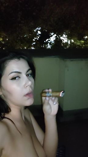 Smoking a Cigar Naked Outside at Night