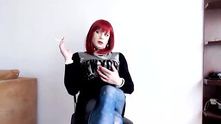 Redhead Amateur Crossdresser: Smoking Teaser Striptease!