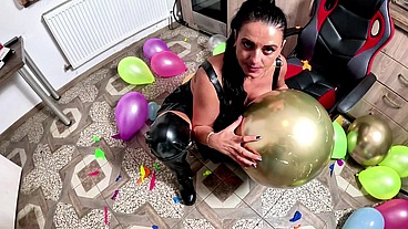 Strict Leather Balloon Punishment. Balloon Popping, Deepthroat, Doggy and Cum Play prew