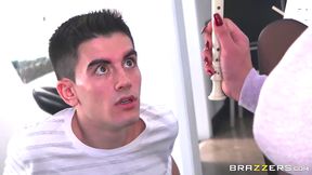 Music teacher using instrument of