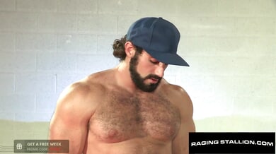 Muscular hairy guys Mike De Marko and Jaxton Wheeler heat up the garage with intense interracial sex