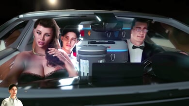 Curvy brunette teases in backseat during late-night ride with blonde and suited man