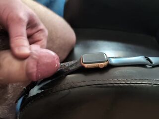 Spunk fountain on Girlfriend's Apple See with Shiny Ebony Band (Wristwatch Fetish)