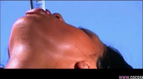 Busty Brunette Oiled Babe Masturbates with Glass Dildo on
