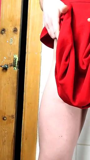 Tease, jerk and cum in red dress