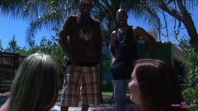 Two Big Tits Girlfriends Chill by the Pool and Then Deepthroat Two Big Black Cocks.