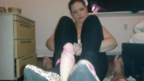 Footjob with worn leopard shoes