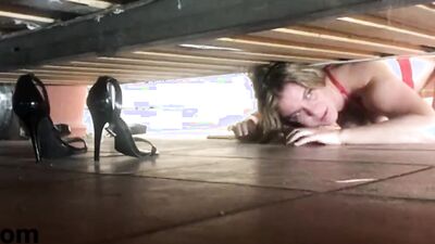 MILF got stuck under the bed and stepson fucks her