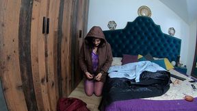 intense masturbation with long puffy jackets, dildo & toys