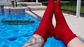 Sock Feet make a Splash, Soaking Wet Soles Close Ups and a Bare Foot, Dripping Toes Reveal at the Poolside! Mobile friendly streaming SD version