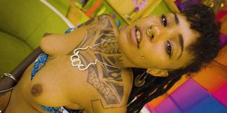 Inked Ebony Goddess Destroys Her Pussy with Huge Dildo