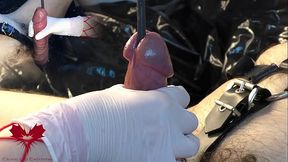 Mistress masturbates my cock with white gloves. I cum while she works my urethra with the dilator.