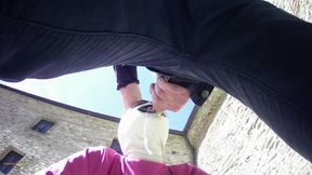 Pink outfit-clad Laura gives deepthroat blowjob in outdoor masked oral creampie scene