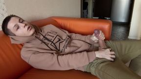 Playful Student Evgeny Plays with His Snake and Stains His Pants with White Cum