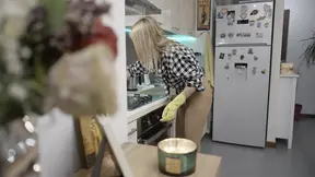 Sultry Blonde MILF in nylons gets pounded and creampied in kitchen chaos