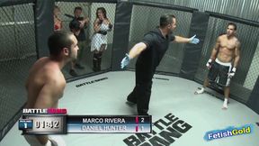 Muscular guy looses fight and have sex with chubby brunette as punishment