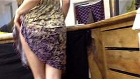 Busty golden-haired MILF gives standing blowjob in the kitchen