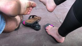 Outdoor sandals dangle & tease with alpha! Dirty feet fetish!