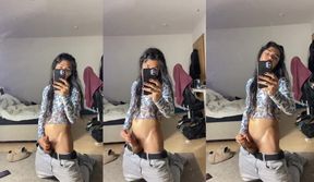 Petite trans cutie gushes on mirror after big dick fucking