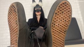 Dirty Vans soles licking and spitting into slave's pathetic face