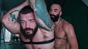 Muscle Hairy Sub Bondage &amp; Piss. Bearded Master Uses a Kinky Pig