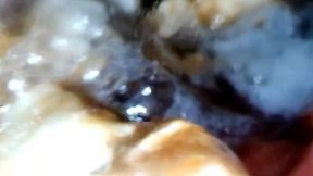 Medical endoscopy PillCam in Full Screen - Eating Pizza with onions and pieces of sausage live digestion 4K