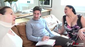 Two mature mothers have fun with the well trained guy