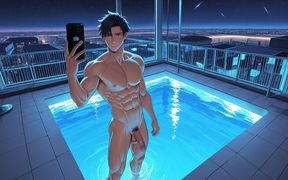 Shredded Gym Guy Nude Erect Dick Mirror Selfie in Infinity Pool