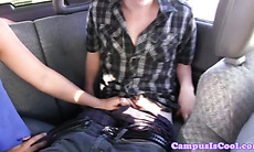 College newbie teen sucks cock on a car