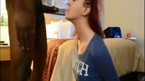 Red haired webcam cutie in blue T-shirt was sucking massive black cock