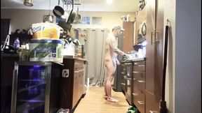 Making breakfast naked with morning wood