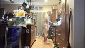 Making breakfast naked with morning wood
