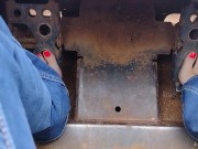 Pedal pumping a bobcat tractor starting with shoes then socks then barefoot