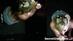 Top-heavy platinum babe Sage Pilar takes a big cock at the gloryhole