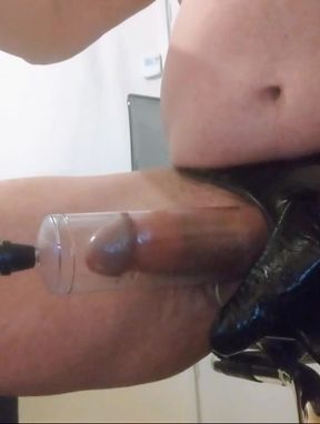 Grandpa wearing rubber cock sheath pants and showing that even cheap pumps work